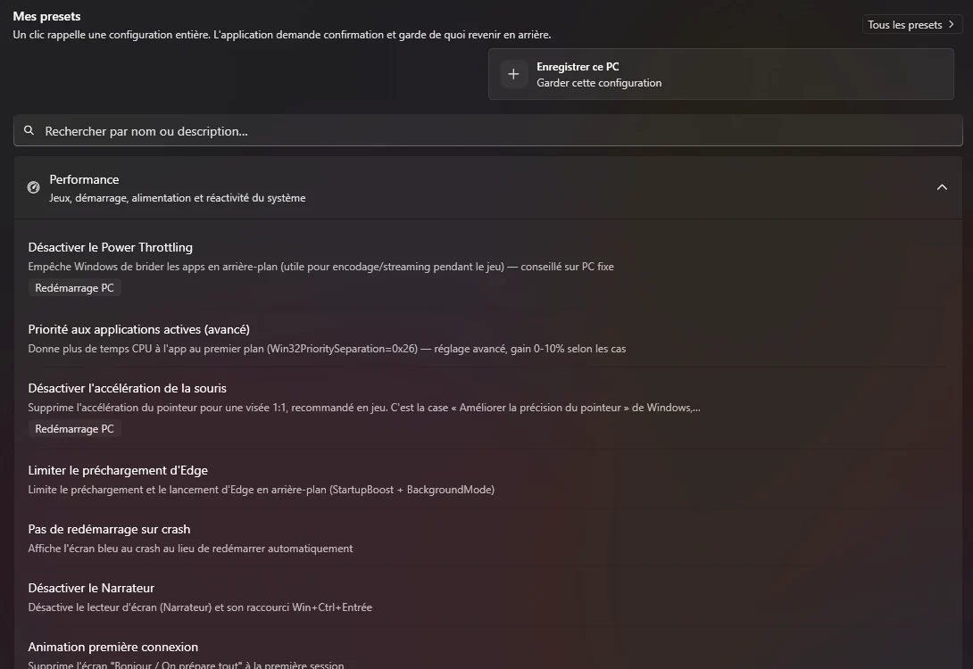 La page Optimisations : chaque réglage avec son explication et son interrupteur.