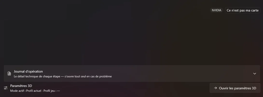 La page Pilotes GPU : carte détectée, pilote actuel et nouvelle version disponible.