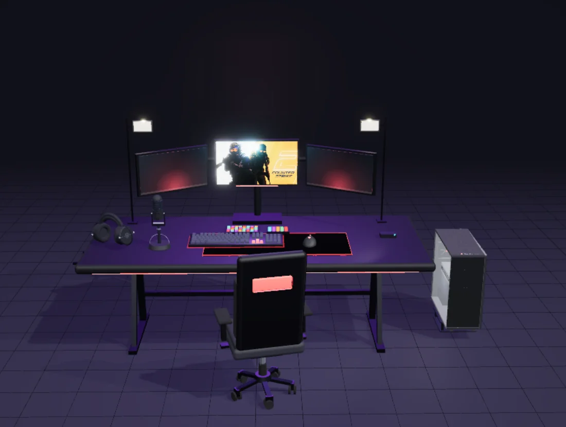 La vitrine d’AngA sur anga.tv : son bureau et sa tour en 3D, sous son néon.
